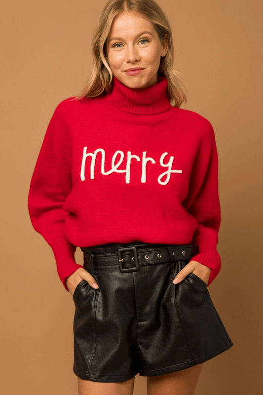 MERRY Turtleneck Knit Holiday Sweater