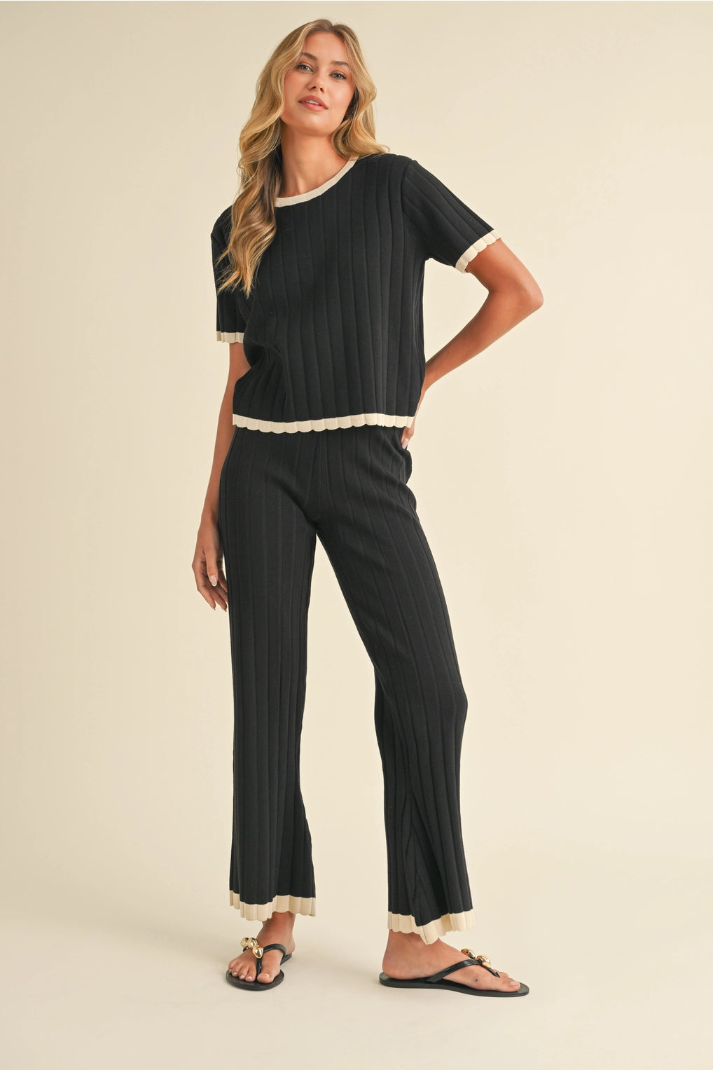 Top and Pants Contrast Border Rib Sweater Set