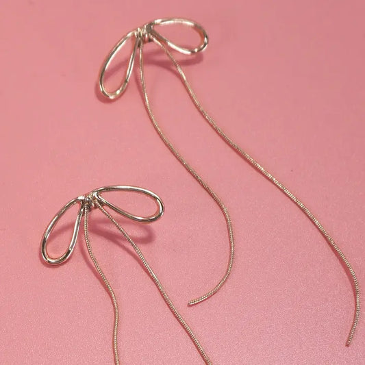 Long Drop Snake Chain Bow Earrings