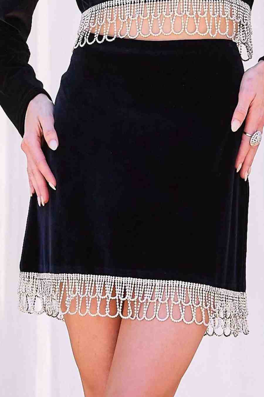 Back Zipper Rhinestone Trim Velvet Mini Skirt