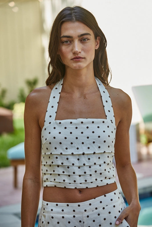 Woven Viscose Linen Polka Dot Sleeveless Halter Top