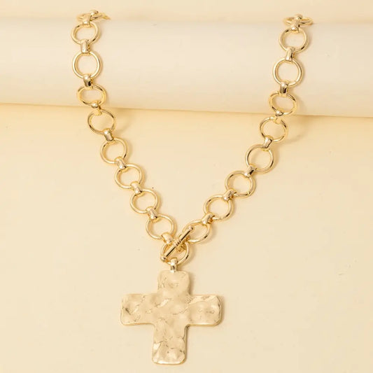 Hammered Flat Cross Pendant Toggle Chain Necklace