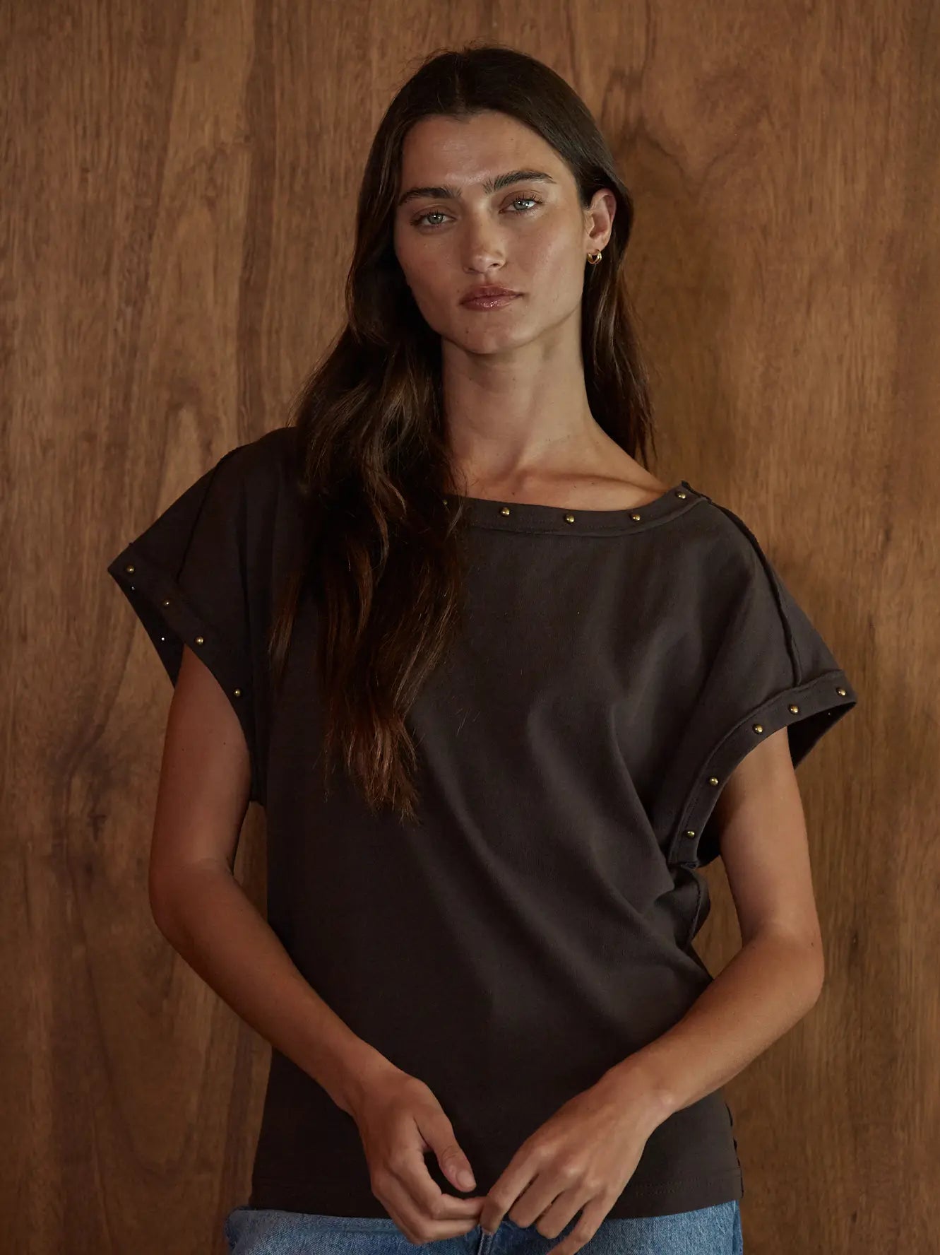 Woven Cotton Boat Neck Top with Bead Stud Detail