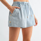 Light Wash Denim Drawstring Shorts Side Buttons