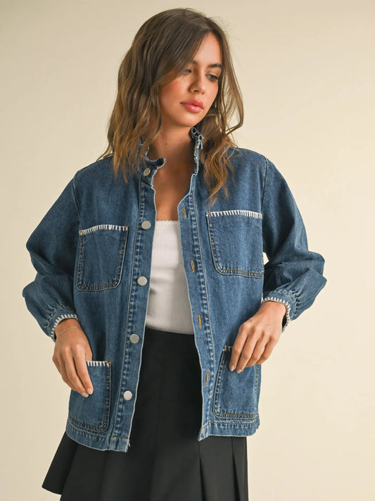 Stitch Detail Ruffled Denim Jacket