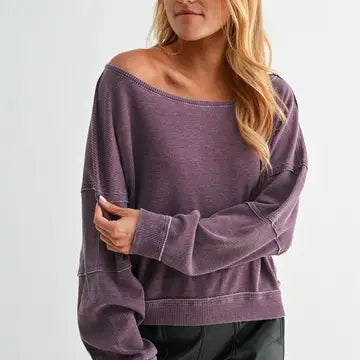 Raw Edge Waffle Knit Boatneck Pullover