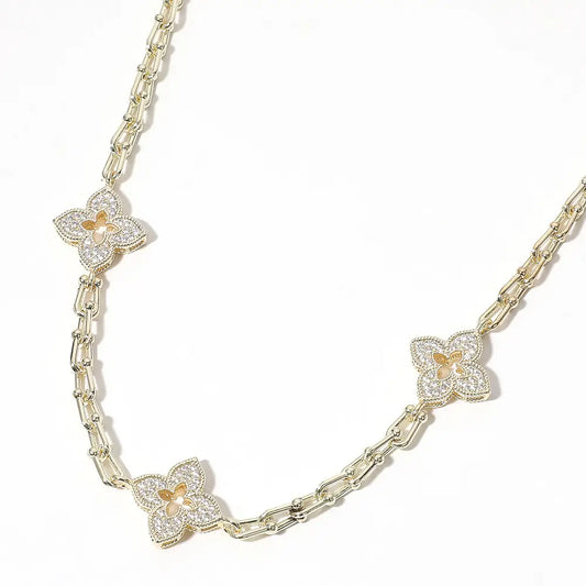 14K Gold Plated Cz Paved Clover Necklace
