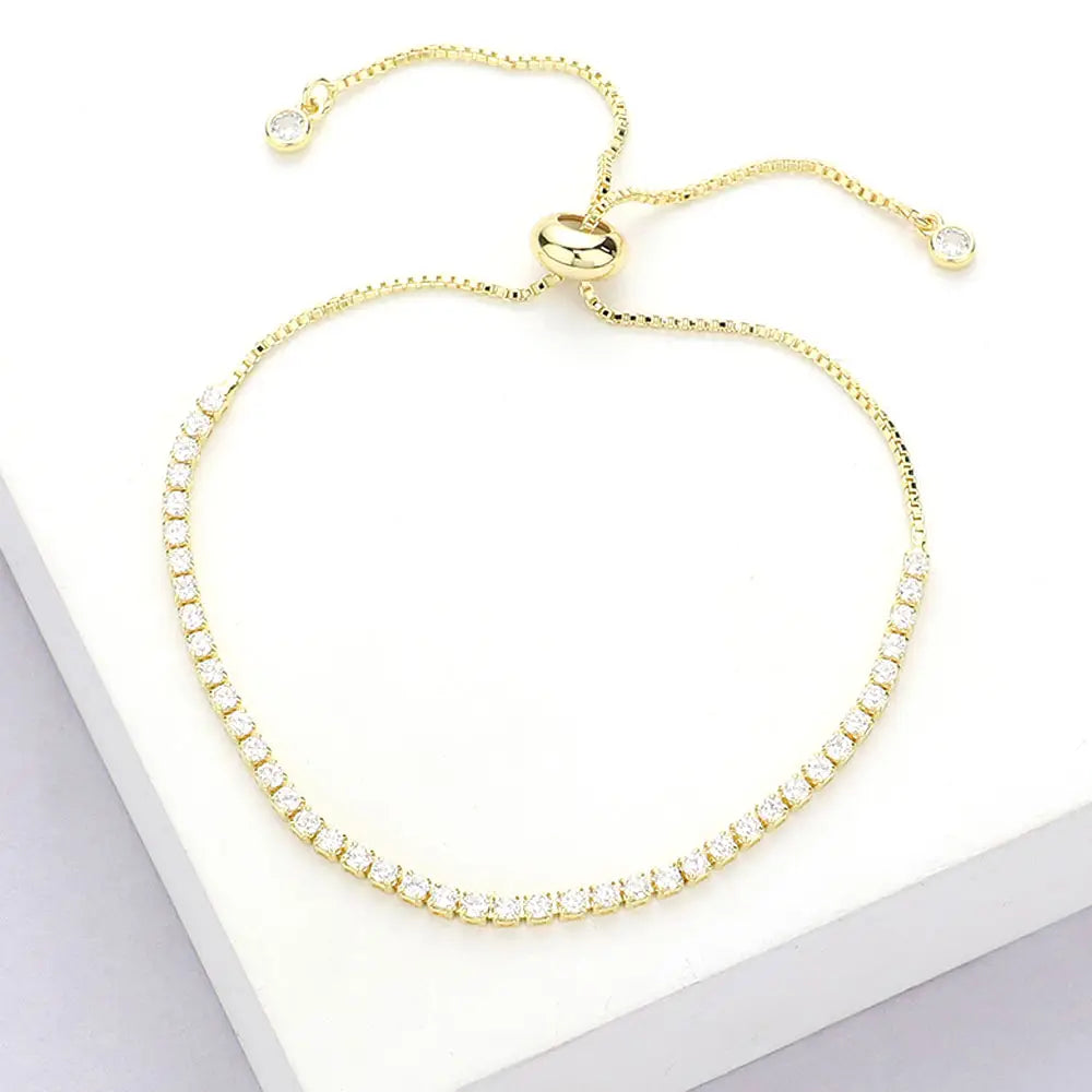 Stainless Steel Cz Stone Tennis Chain Pull Tie Adjustable Bracelet