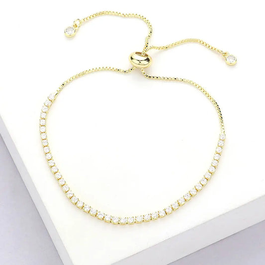 Stainless Steel Cz Stone Tennis Chain Pull Tie Adjustable Bracelet