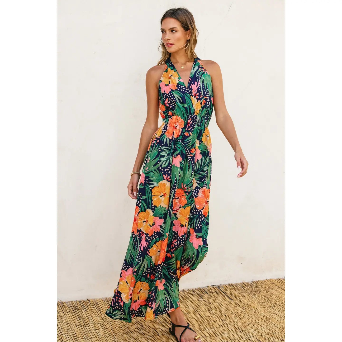 Hibiscus Crossed Back Strap Maxi Dress