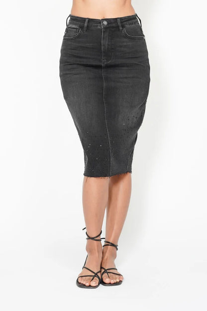 High Waist Rhinestone Embellished Mid Length Black Denim Skirt