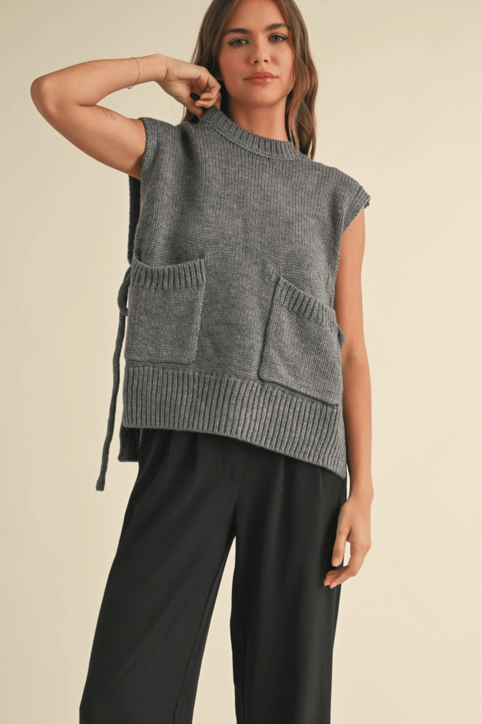 Sleeveless Pocket Detail Side Tie Sweater Vest