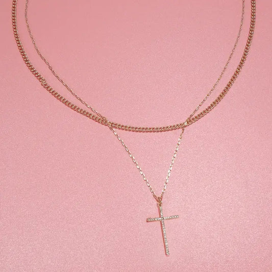 Double Layer Rhinestone Cross Necklace