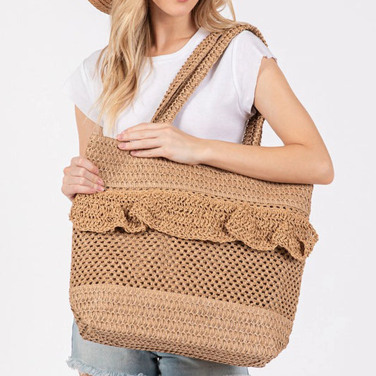 Ruffle Detail Crochet Straw Bag
