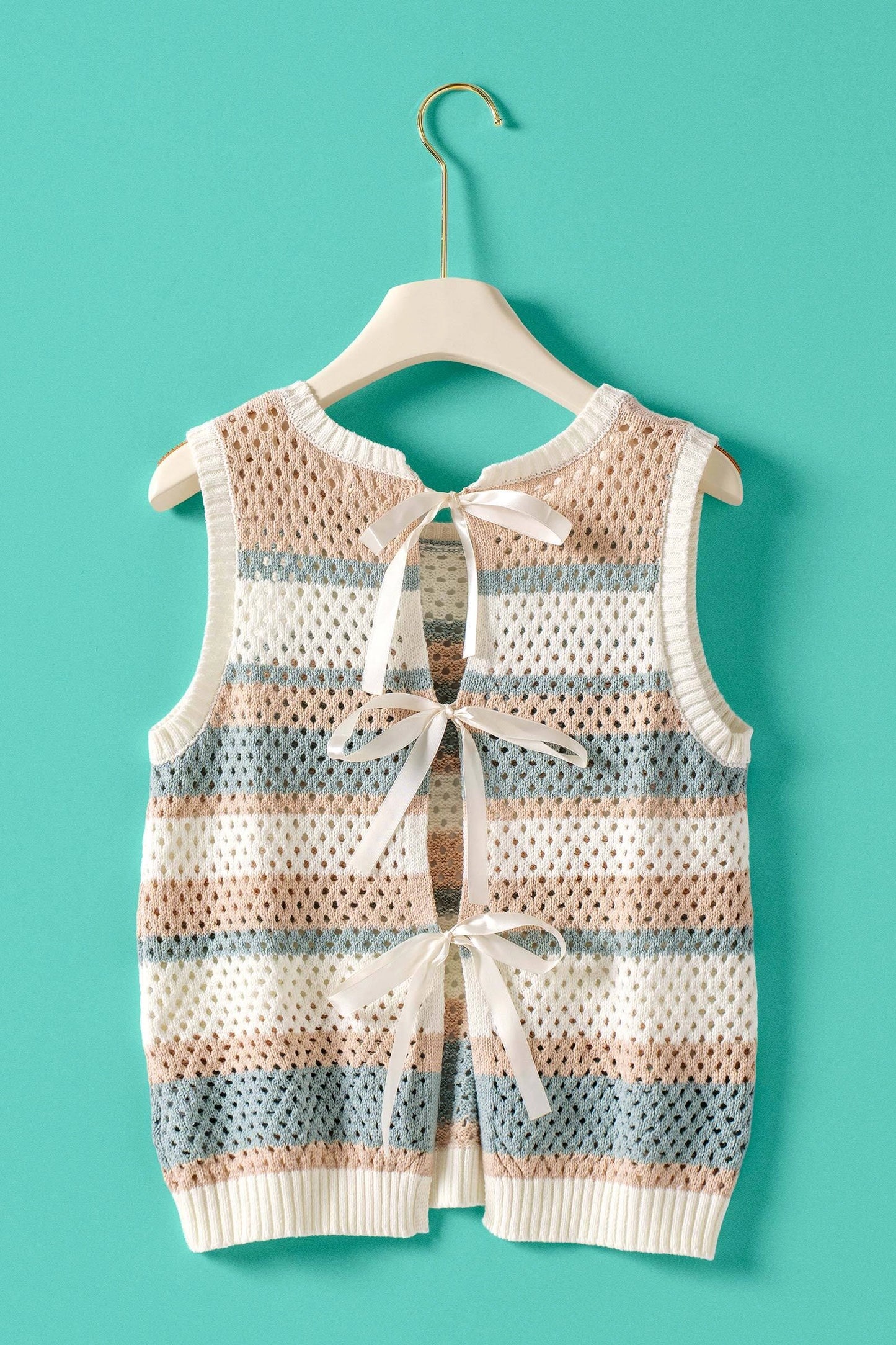 Striped Crochet Knit Vest Triple Ribbon Tie