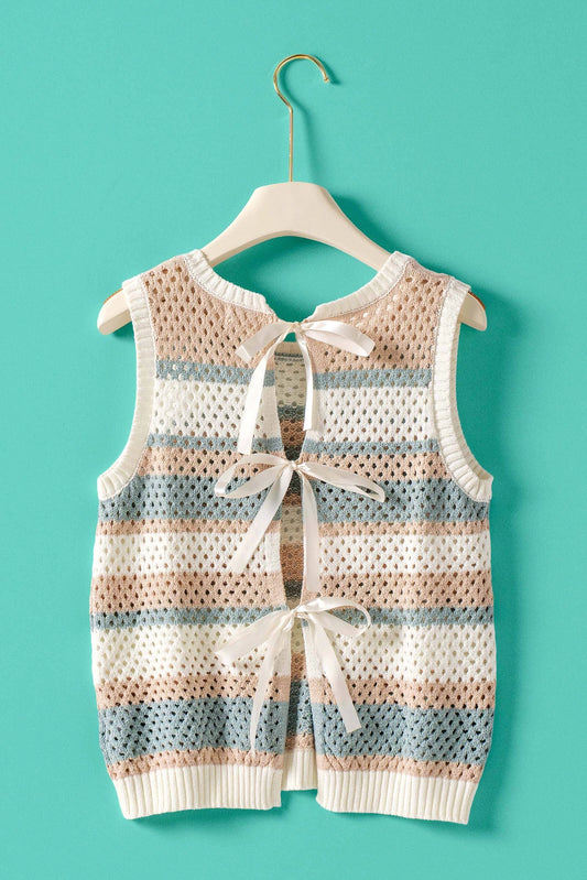 Striped Crochet Knit Vest Triple Ribbon Tie