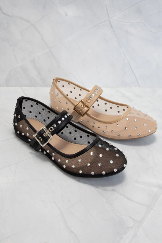 Nude Rhinestone Embellished Mesh Mary Jane Flats