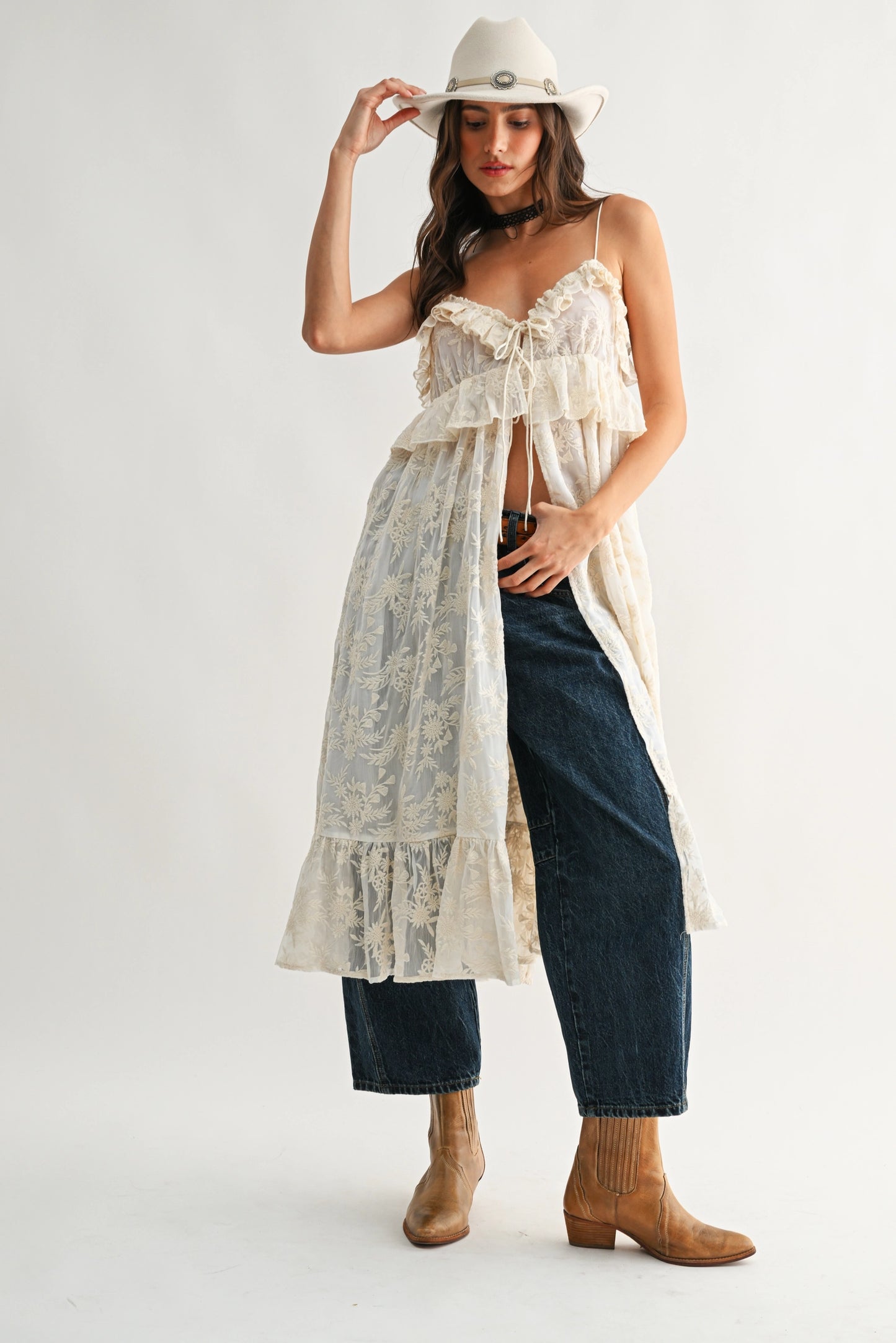 Sheer Floral Lace Ruffle Cover Up Top