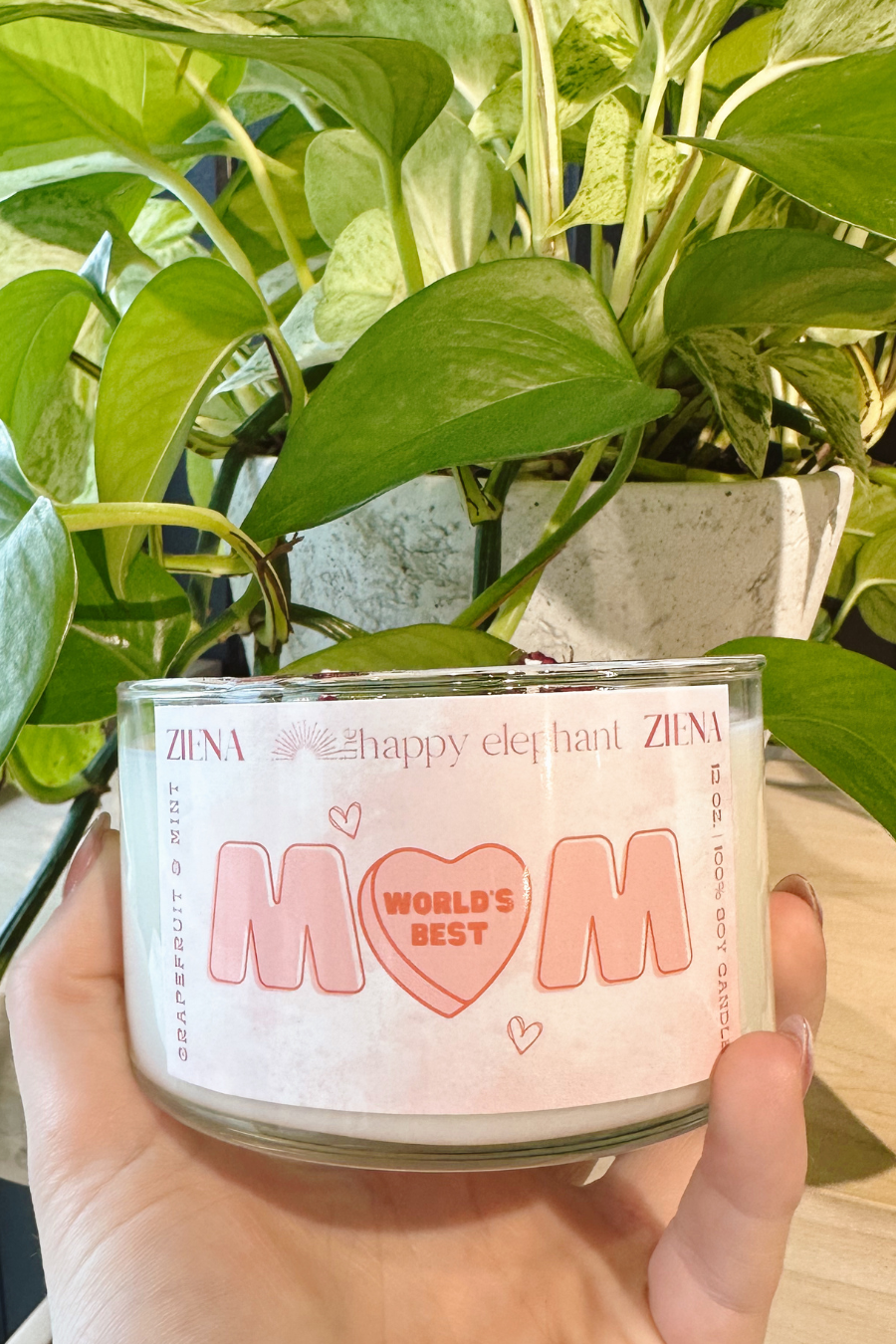 world's best mom candle in front of a plant 