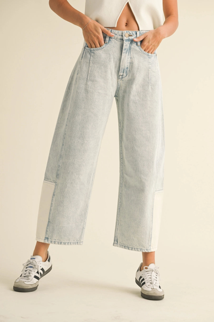 Color and Fabric Combination Barrel Denim Pants