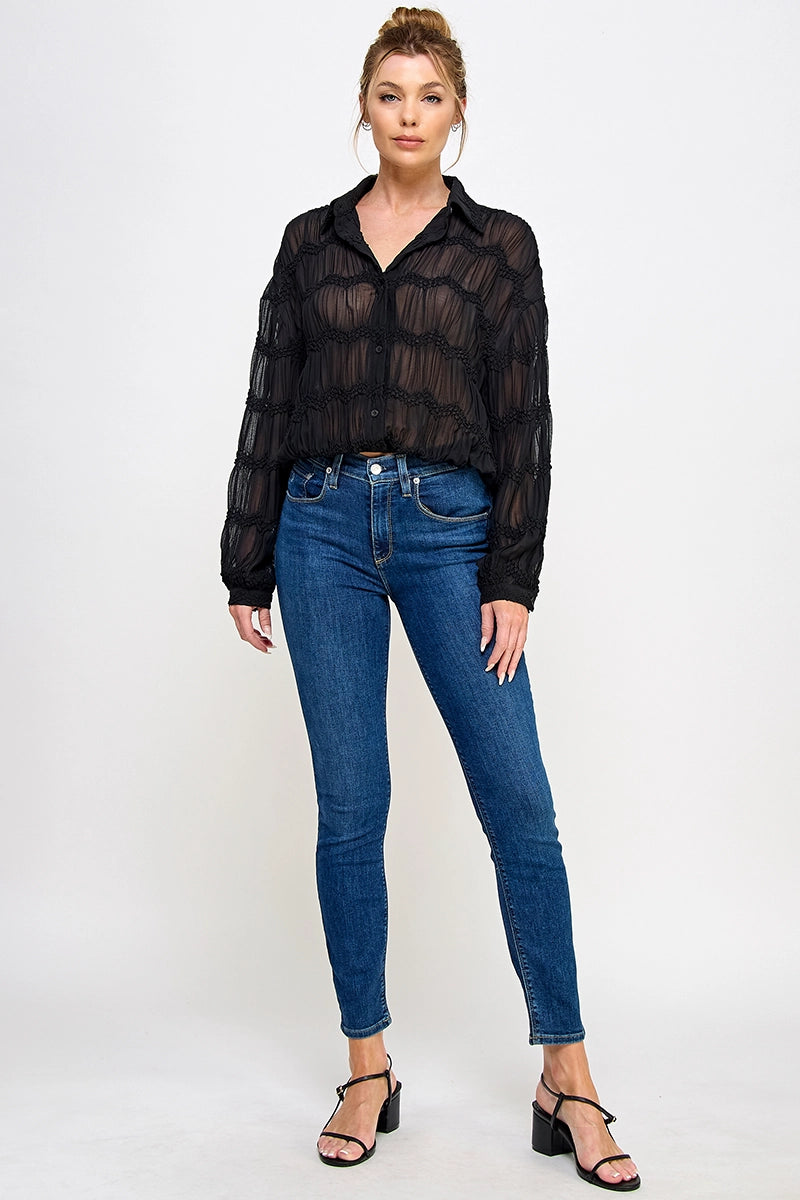 Romantic Sheer Button Front Blouse