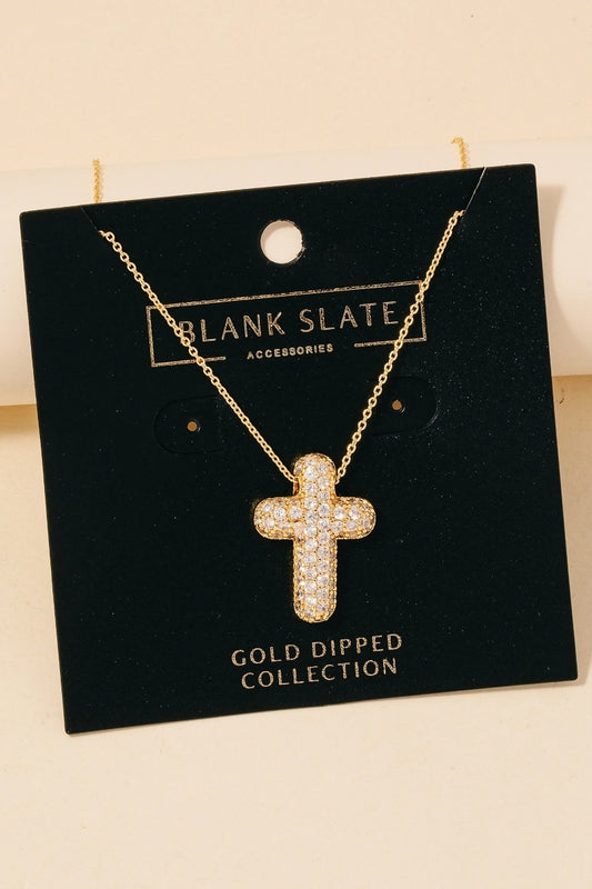 Gold Dipped Cz Pave Bubble Cross Pendant Necklace