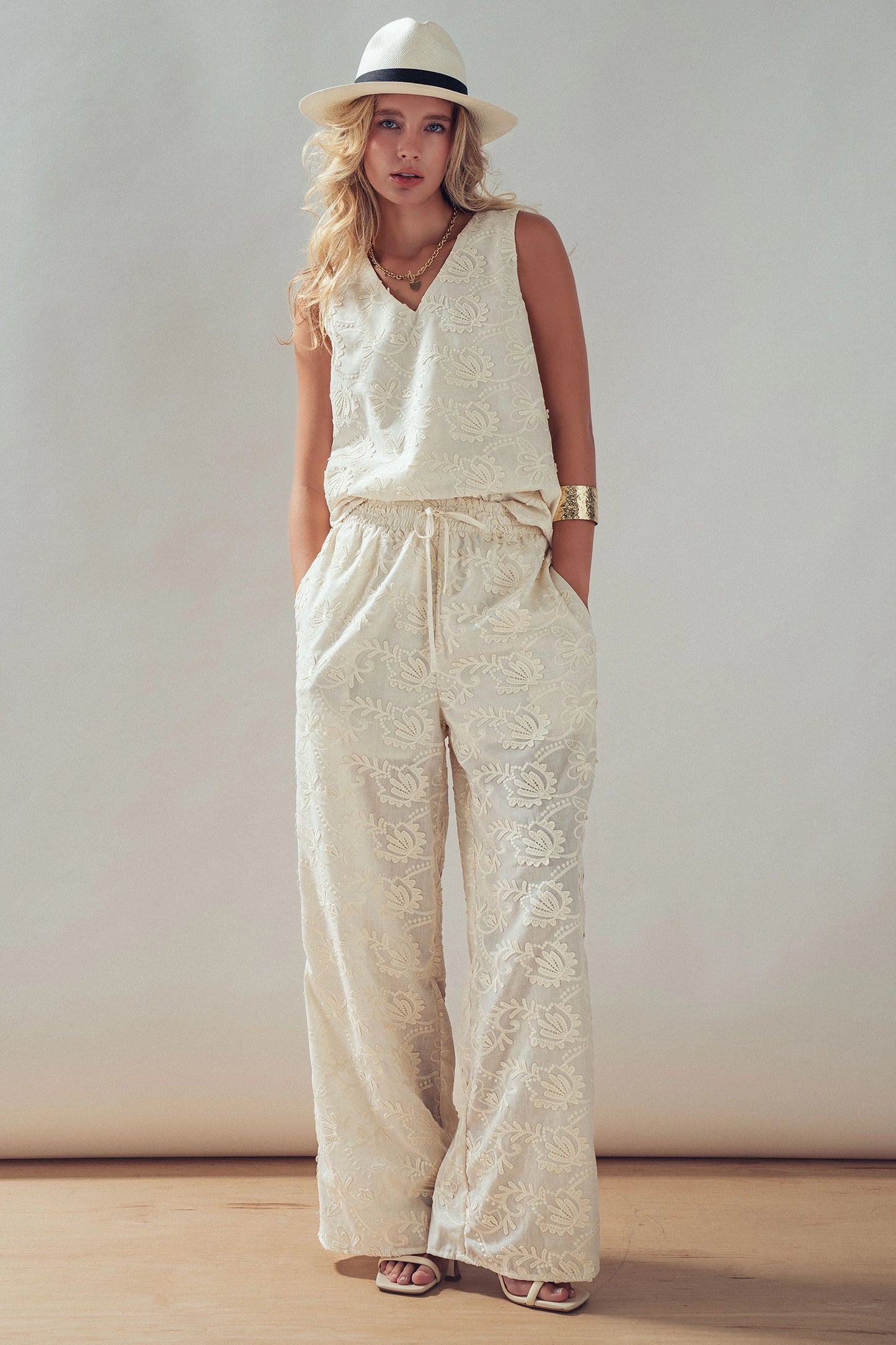 Floral Embroidered Cotton Top and Pant Set