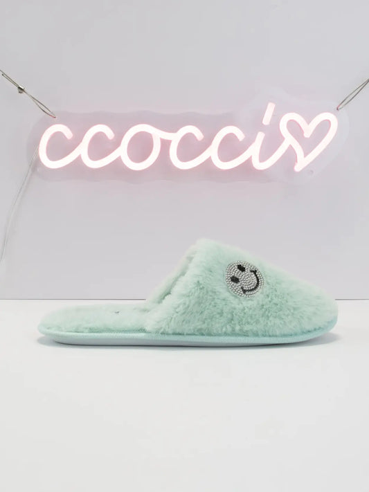Rhinestone Smiley Emoji Fur Lined Slipper