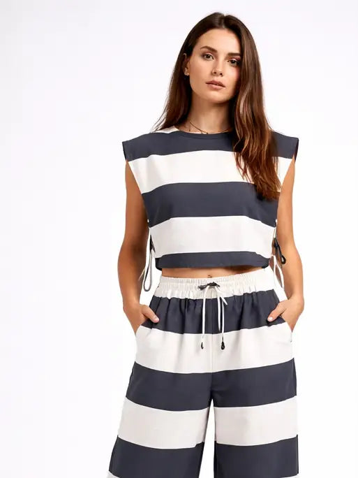 Sleeveless Side Tie Cropped Wide Striped Top