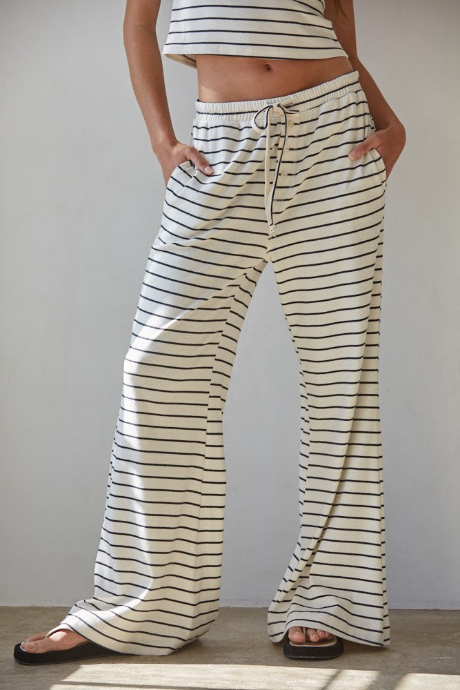 Knit Striped Waist Elastic Band Tie Flare Pants