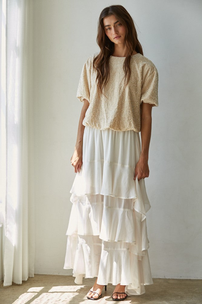 Woven Polyester Chiffon Tiered Midi Skirt