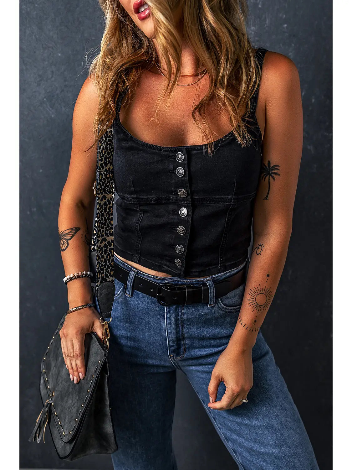 Button-Up Cropped Slim Fit Denim Tank Top