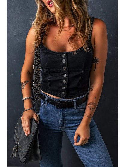 Button-Up Cropped Slim Fit Denim Tank Top