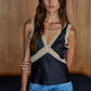 Woven Satin Contrast Lace Trim Detail Sleeveless Top