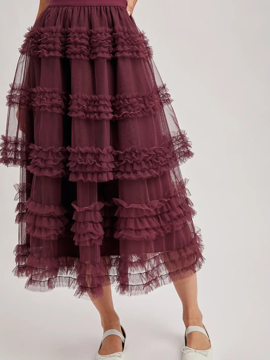Romantic Ruffle Tiered Tulle Midi Skirt