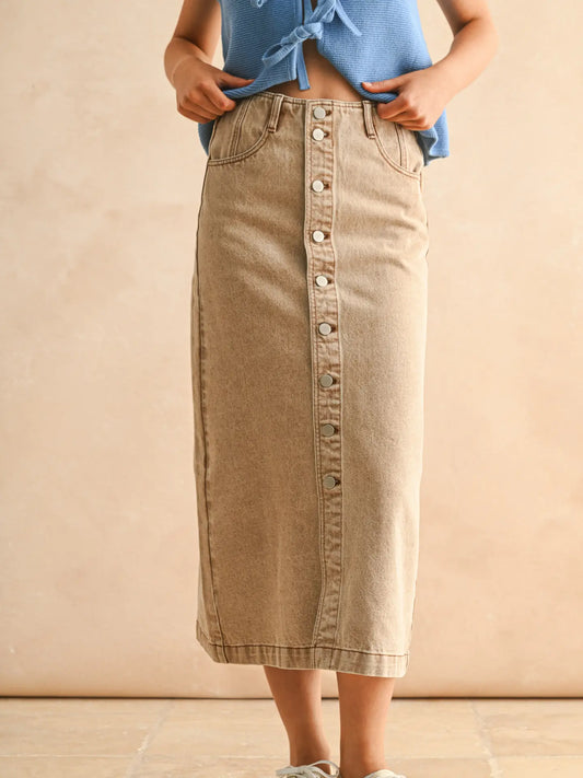 Button Front Washed Skirt