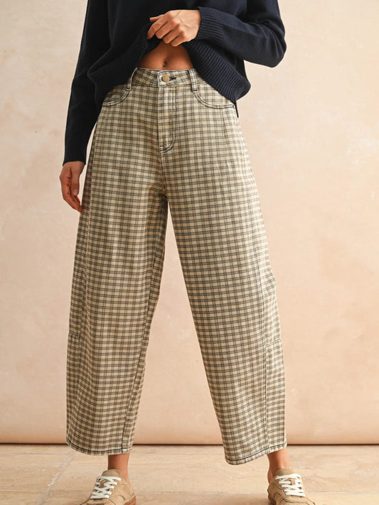 Mini Checker Pattern Barrel Pants