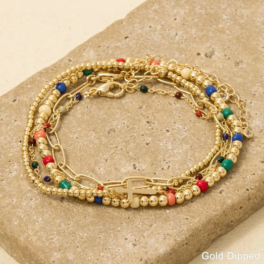 Cross Charm Mixed Beads and Chains Bracelet