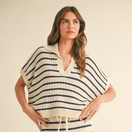 Stripe Pattern Collared Short Sleeve Top