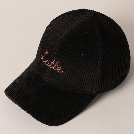 Latte Text Embroidery Corduroy Baseball Cap