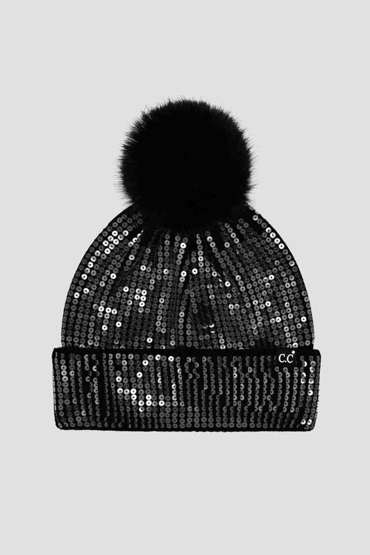 Clear Sequined Cuff Beanie with Pom Pom