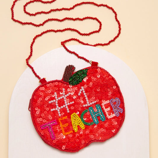 “#1 Teacher” Sequin Beaded Apple Crossbody Bag