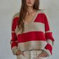 Knit Sweater Nylon Polyester Striped V-Neck Pullover