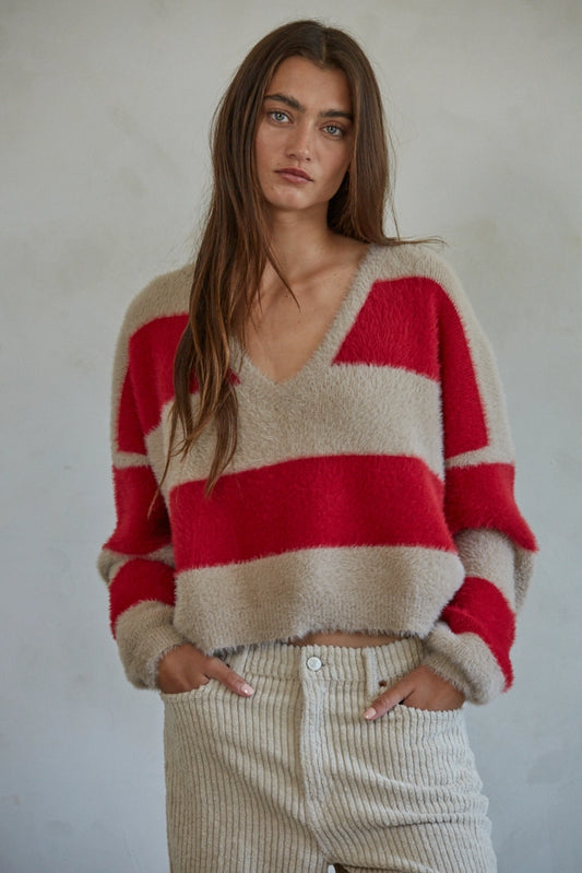 Knit Sweater Nylon Polyester Striped V-Neck Pullover