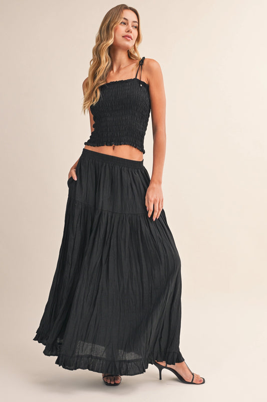 Smocking Top Crinkled Maxi Skirt Set