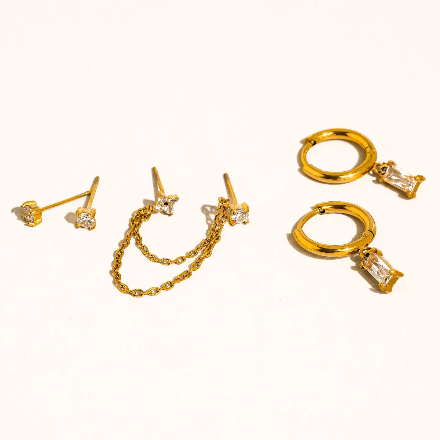 Roussa 18K Gold Non-Tarnish Cz Chain Earring Set
