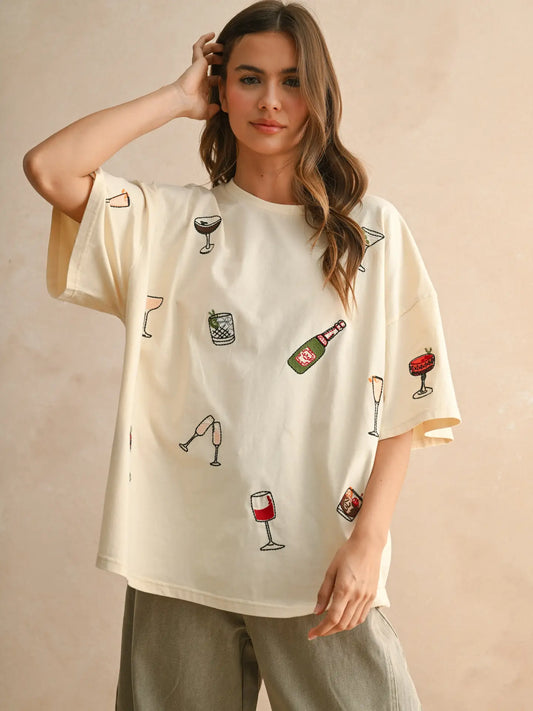 Cocktail Embroidery Boxy T Shirts