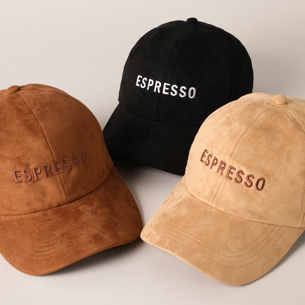 Espresso Text Embroidery Suede Baseball Cap