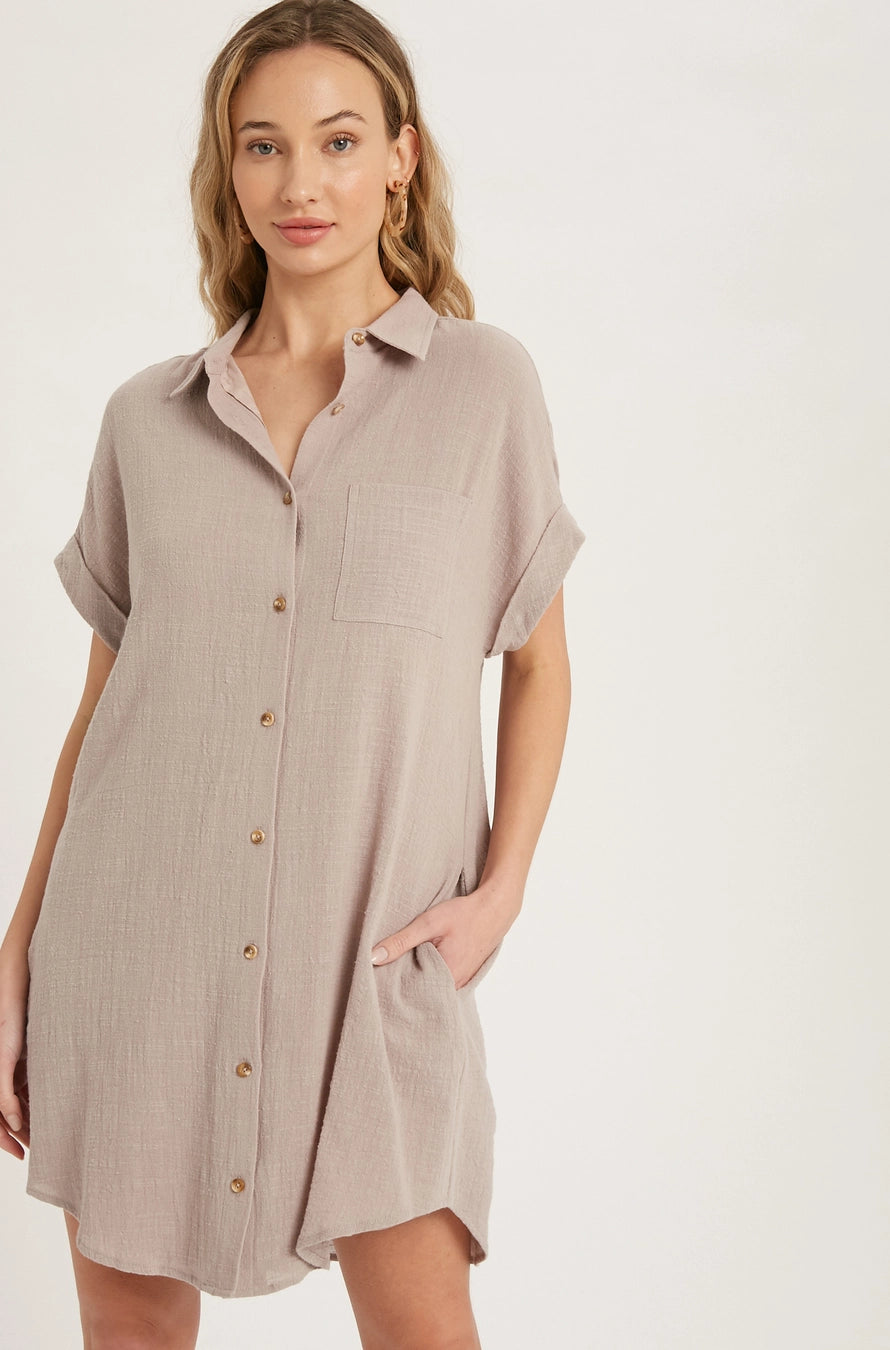 Button Up Shirt Dress with Pocket