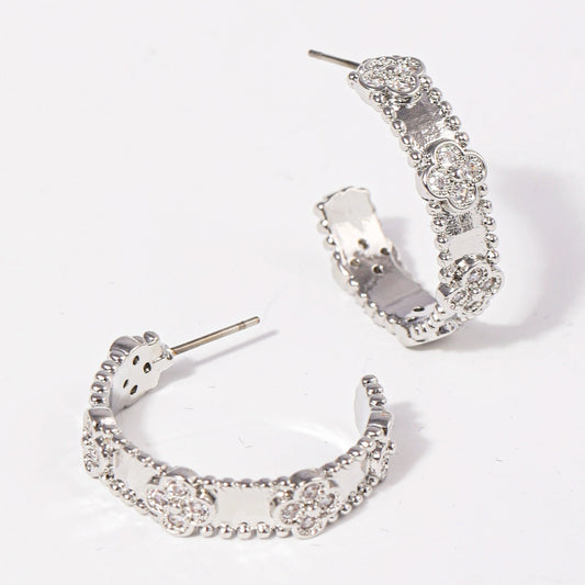 Cz Clover 14K Plated Hoop Post Earrings Silver